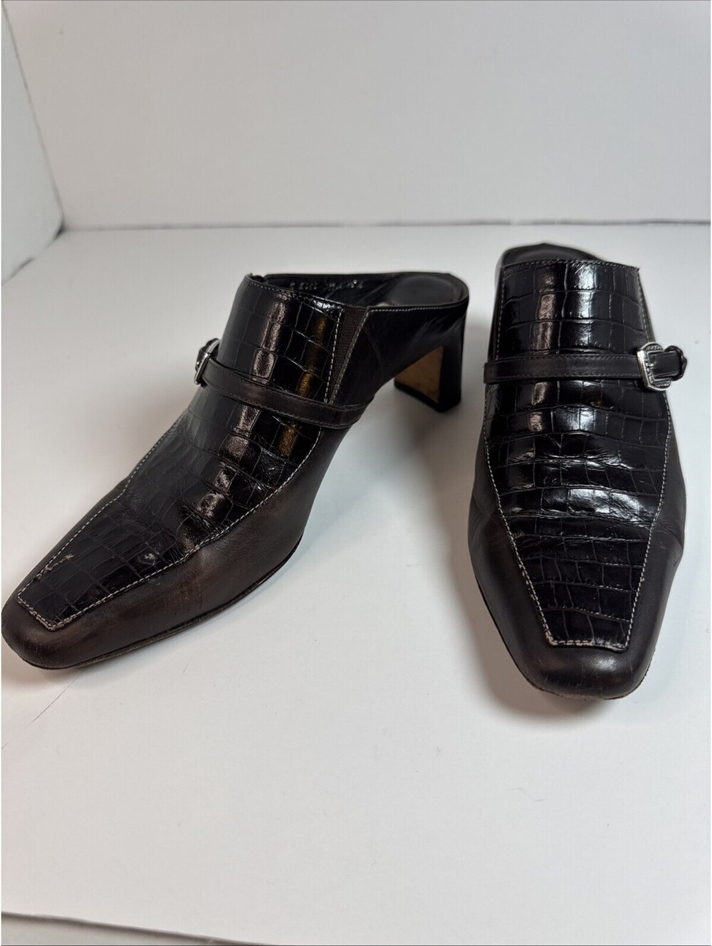 Brighton Tiana Black Leather Block Heel Mules Shoes Sz 7.5M Witchy Whimsigoth